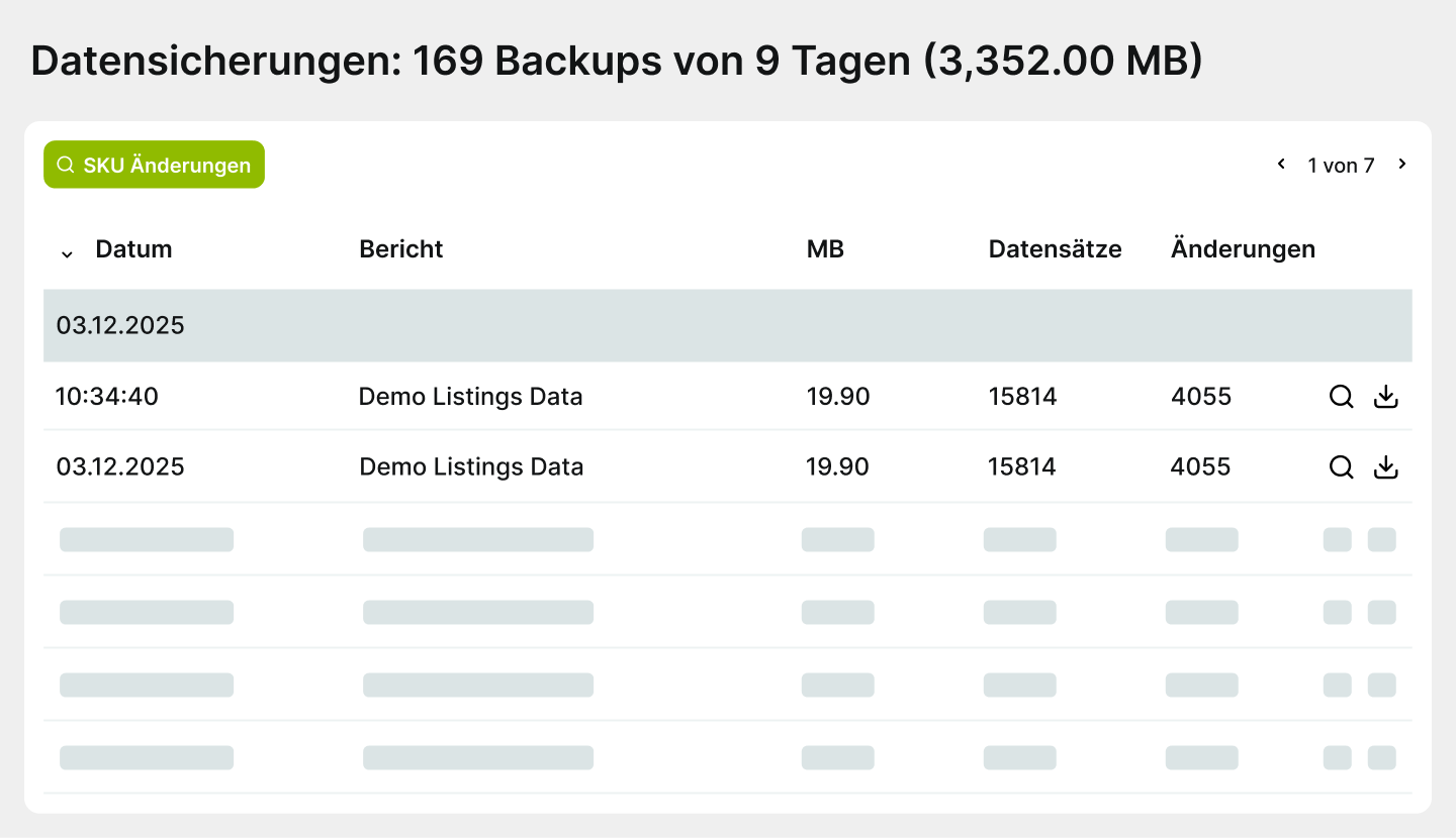 Account Guard Backup-Dashboard mit automatischen Sicherungen des Amazon-Kontos, Listing-Daten und Änderungsüberwachung – sorgt für mehr Sicherheit durch detaillierte Protokolle und volle Transparenz.