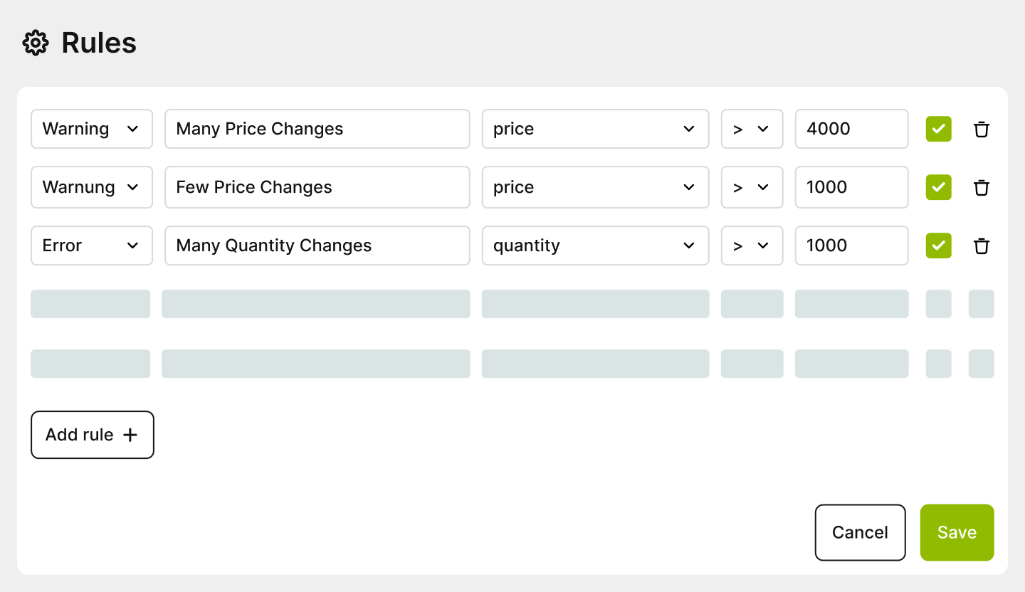Account Guard rule configuration interface allowing users to define thresholds for changes in price, quantity etc., triggering alerts based on listing activity.